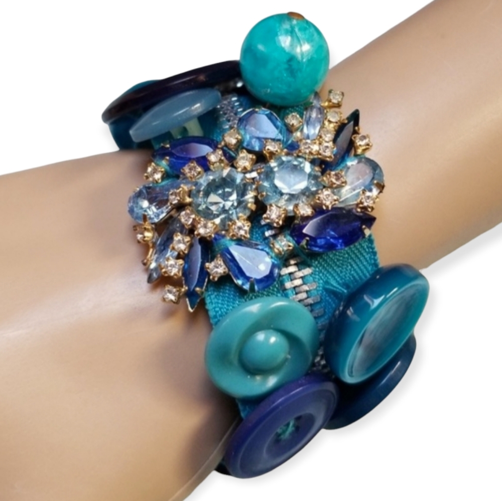 Repurposed Handmade Zipper, Button and Vintage Jewelry Bracelet